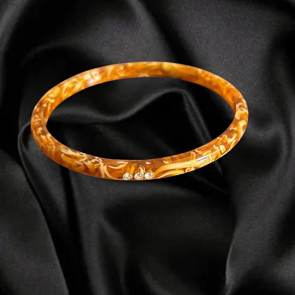 Art Deco Butterscotch Marbled Bangle Rhinestone Vintage Resin Bracelet 1920s–30s